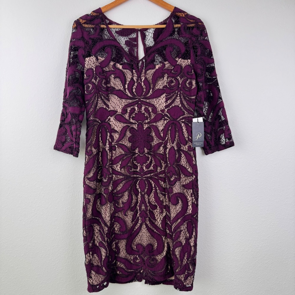 Adrianna Papell Sheath Dress Womens 10 Wine Berry Pink New Lace Classic Chic